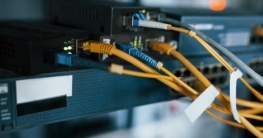 Close up view of internet equipment and cables in the server room